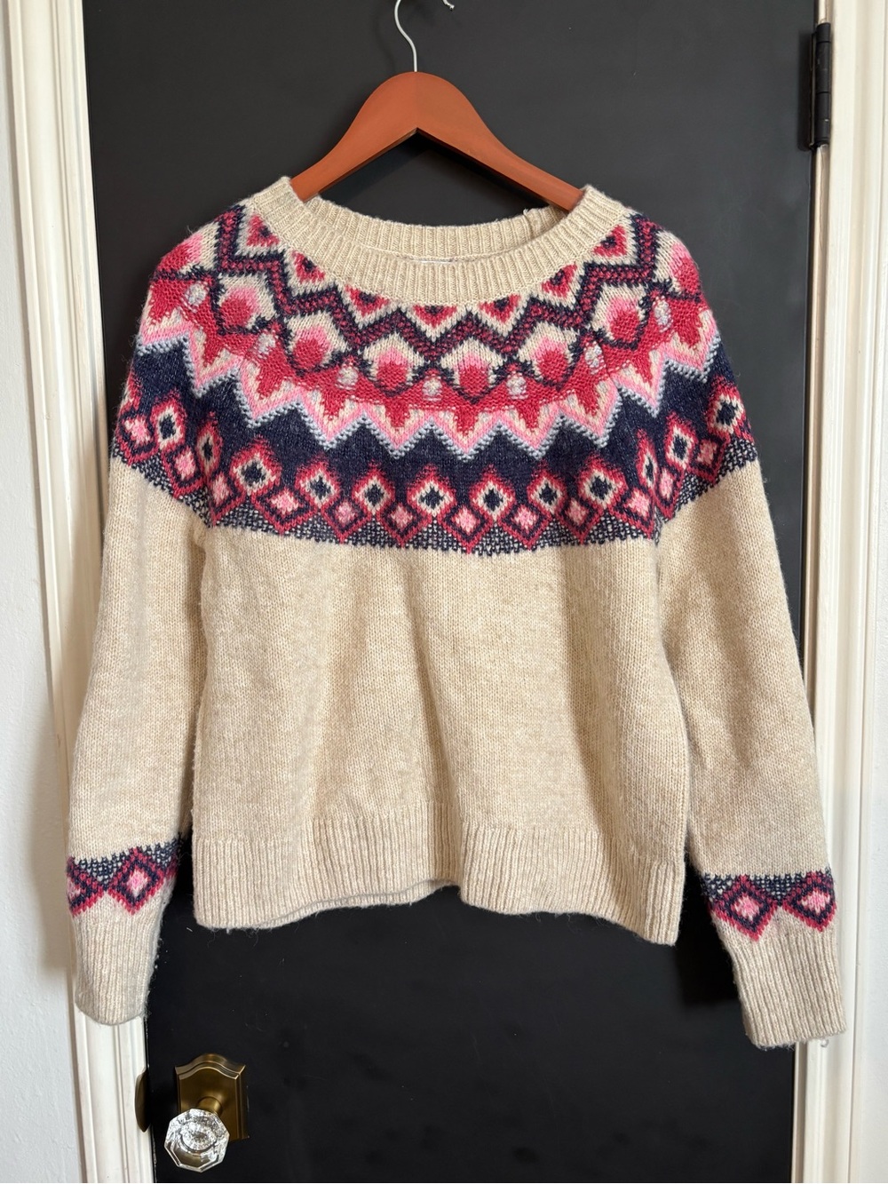 Old Navy Cream Fair Isle Scoop Neck Sweater with Pink and Navy Accents